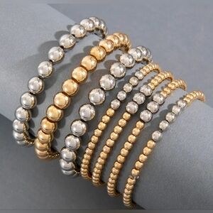 NEW  Elegant Gold and Silver Beaded Stackable Bracelets 7 Pcs NIP!